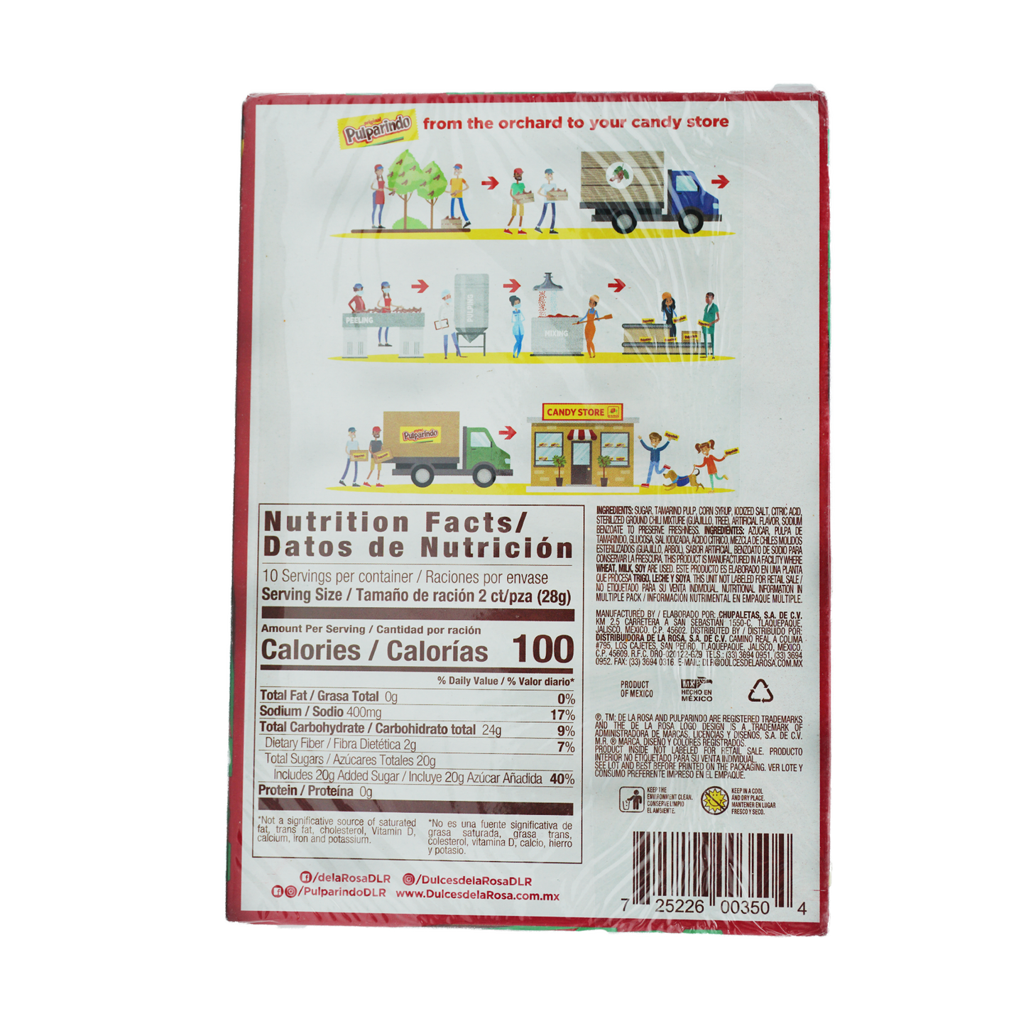 De la Rosa® Pulparindo, Hot and Salted Tamarind Candy, Extra Hot Flavour (20 Units)
